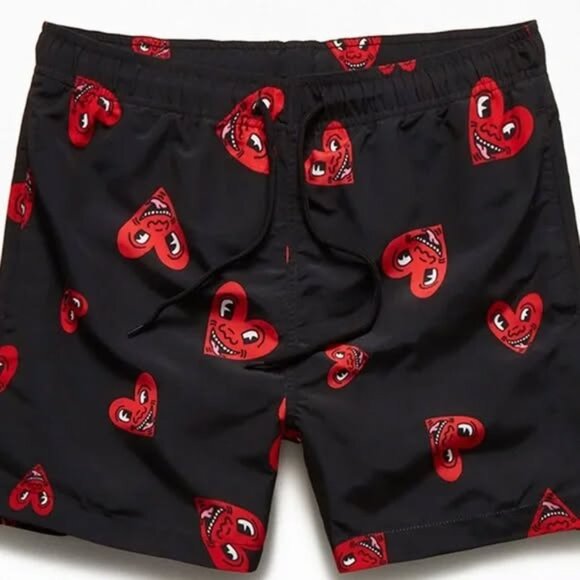 Keith Haring Hearts 14” Lined Shorts Trunks Ripple Junction Men's XL Black - Picture 1 of 6
